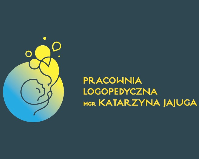 Logo pracowni logopedycznej Mgr Katarzyny Jajuga z konturem profilu dziecka w okręgu z gradientem niebiesko-żółtym.