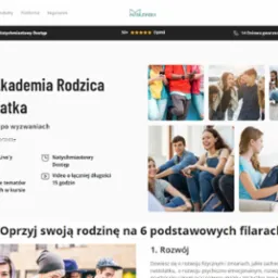 Strona internetowa kursu online dla rodziców nastolatków z miniaturkami zdjęć przedstawiających młodych ludzi i rozmowy matek z córkami.