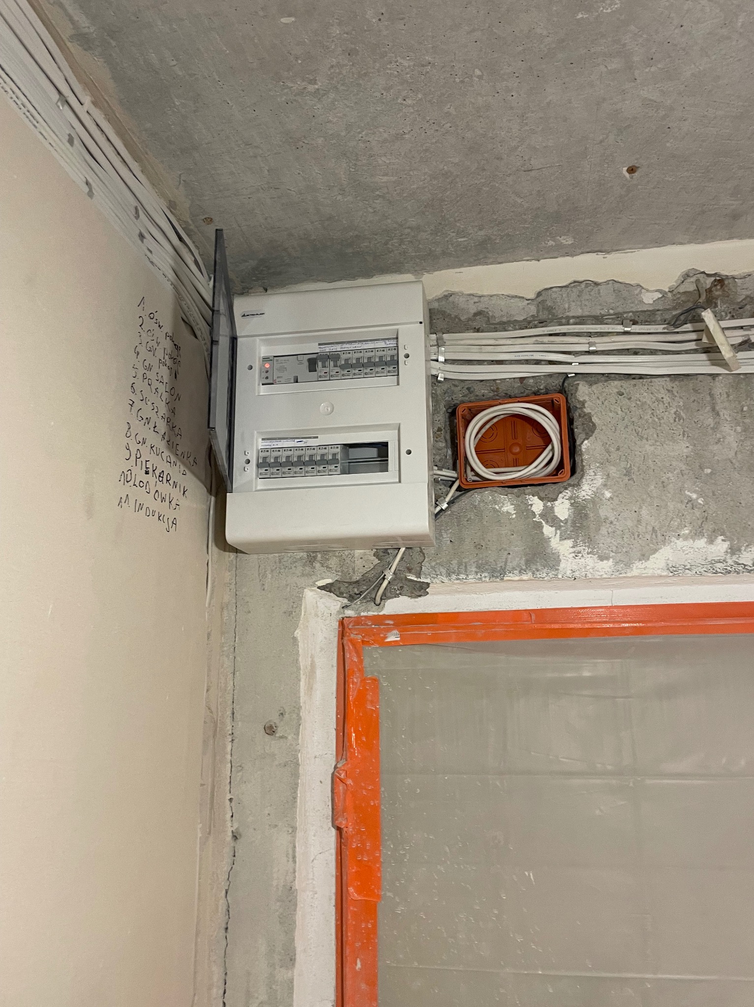 Rozdzielnica elektryczna natynkowa z przewodami w ścianie w trakcie montażu. Na ścianie wypisane nazwy obwodów. Widoczne kable i puszka instalacyjna.
