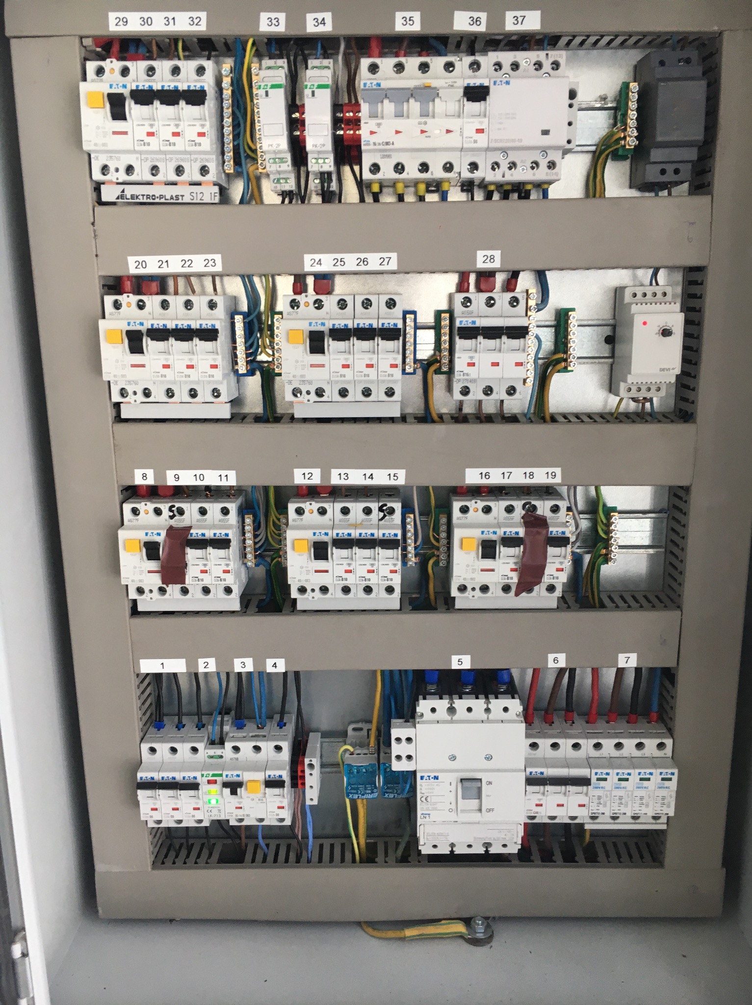 Rozdzielnica elektryczna z bezpiecznikami i przewodami, widok z bliska. Elementy oznaczone numerami od 1 do 37. Widoczne komponenty marki Eaton i Elektro-Plast.