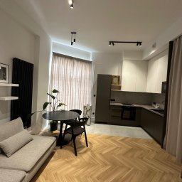 SOK&MAN - Nowoczesne wnętrze mieszkania z parkietem w jodełkę, szarą sofą, okrągłym stołem z rośliną, czarnym grzejnikiem i zabudową kuchenną w kolorach bieli i grafitu.