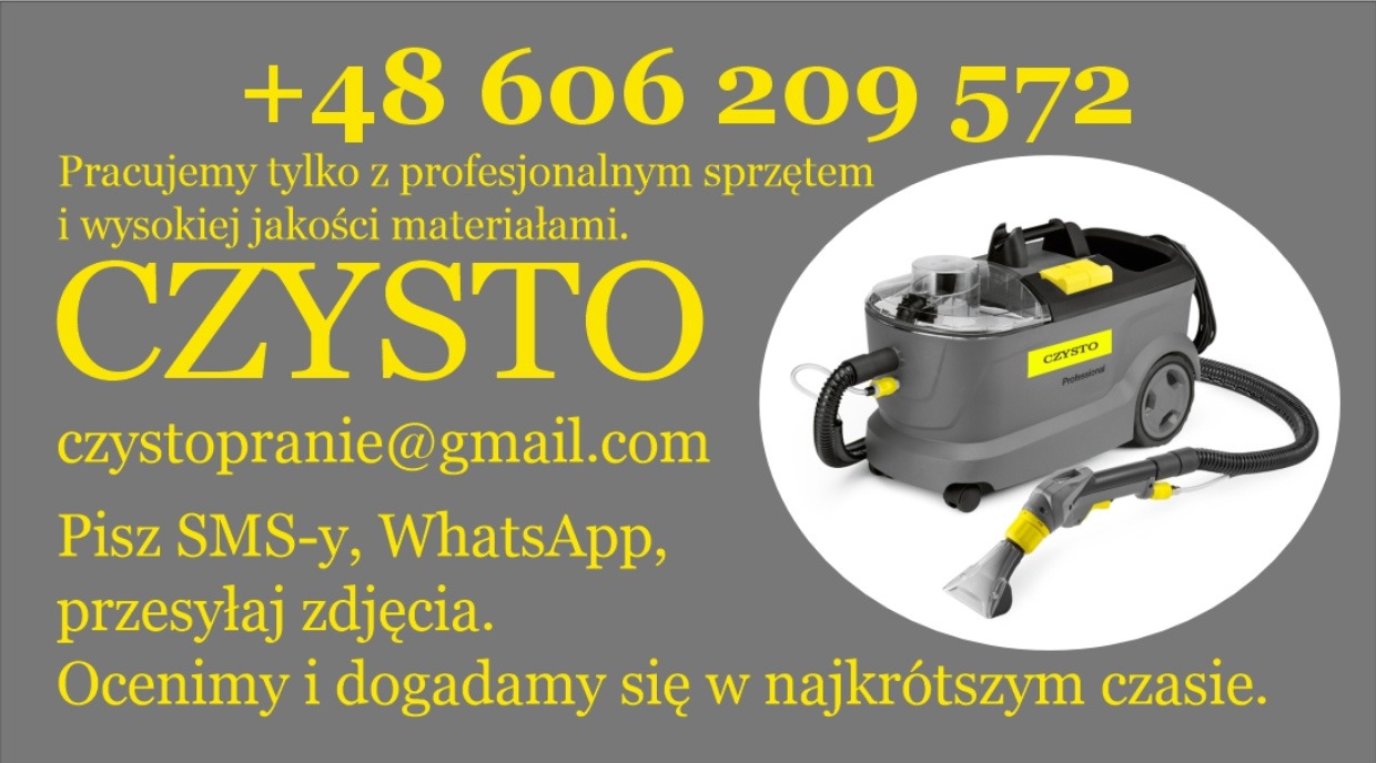 Profesjonalny odkurzacz piorący marki Czysto Professional, prezentowany na grafice reklamowej z numerem telefonu, adresem email i hasłem: 'Pracujemy tylko z profesjonalnym sprzętem i wysokiej...