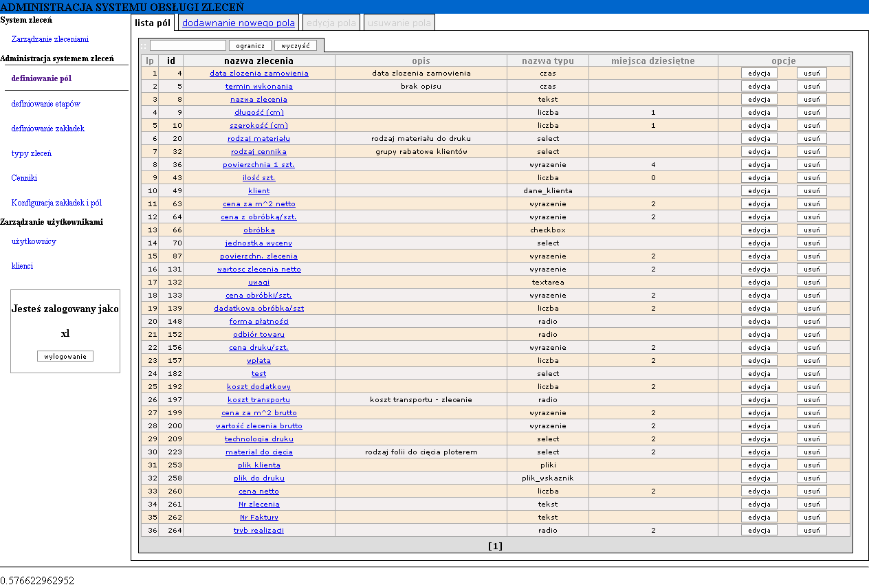 Interfejs systemu do zarządzania zleceniami, prezentujący listę pól z atrybutami takimi jak nazwa, opis, typ danych i opcje edycji/usuwania, z włączoną opcją definiowania pól.