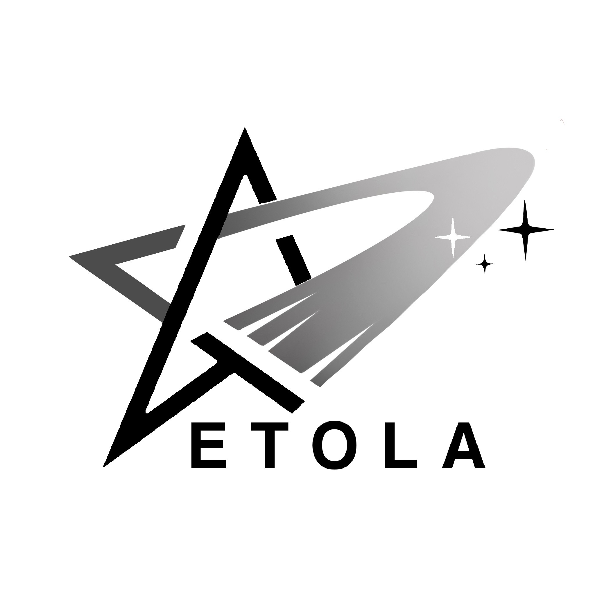Czarno-szare logo firmy ETOLA przedstawiające stylizowaną gwiazdę z kometą i trzema mniejszymi gwiazdkami.