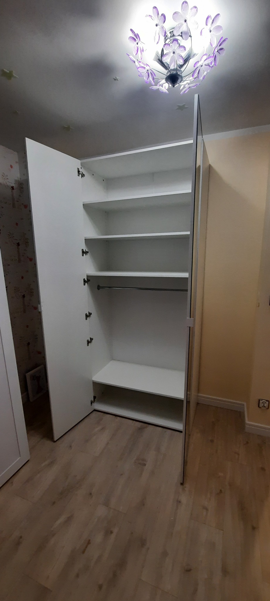 Wnętrze białej szafy z półkami i drążkiem na ubrania, widoczne zawiasy, podłoga z paneli, sufit z lampą w kształcie kwiatów.