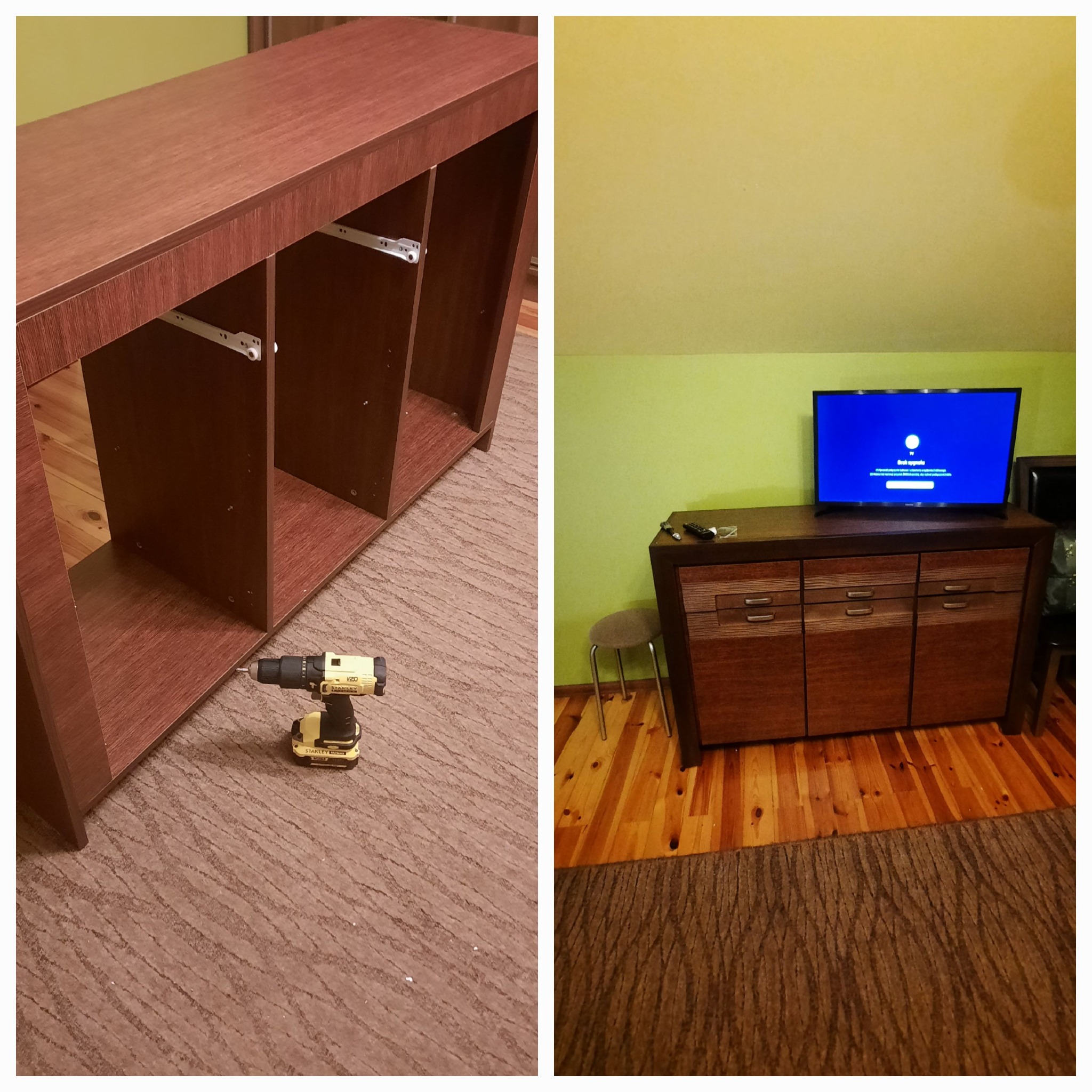 Składanie brązowej komody z szufladami: wiertarka Stanley obok niedokończonego regału, gotowa komoda z telewizorem na tle zielonej ściany.