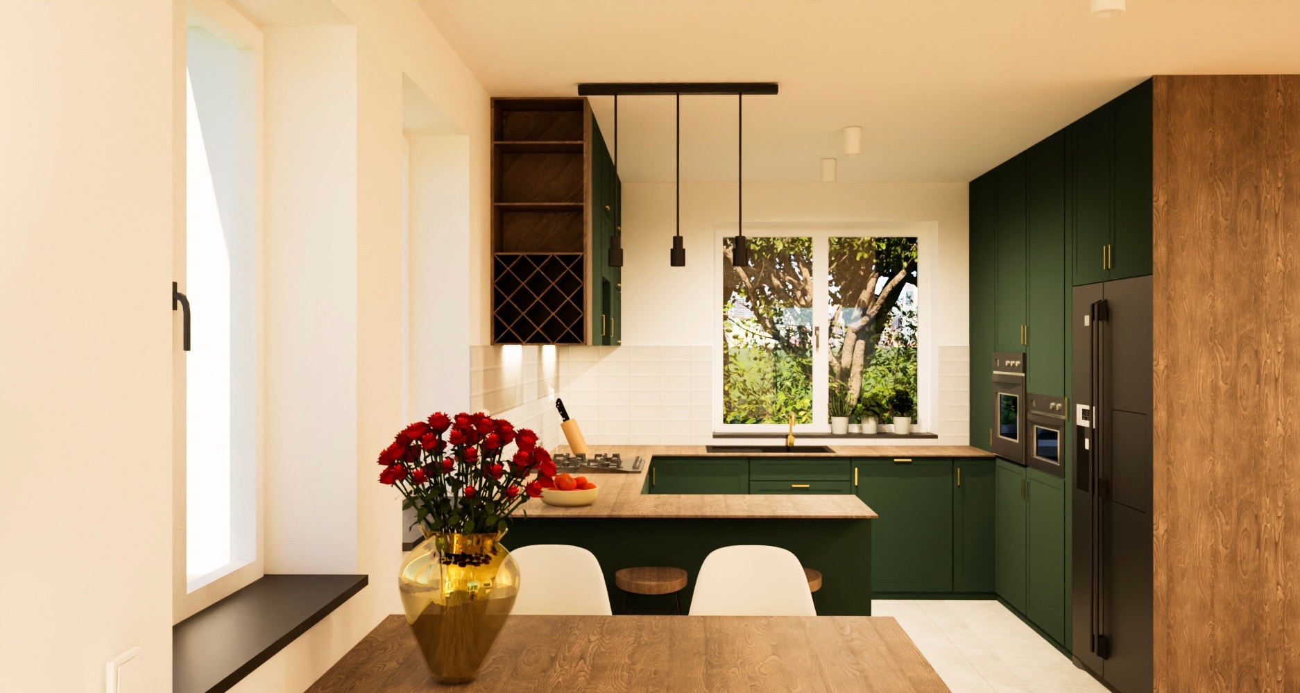 Wizualizacja kuchni w odcieniach zieleni z drewnianymi akcentami, oświetleniem punktowym i bukietem czerwonych róż na pierwszym planie, widok na okno z zielenią na zewnątrz.