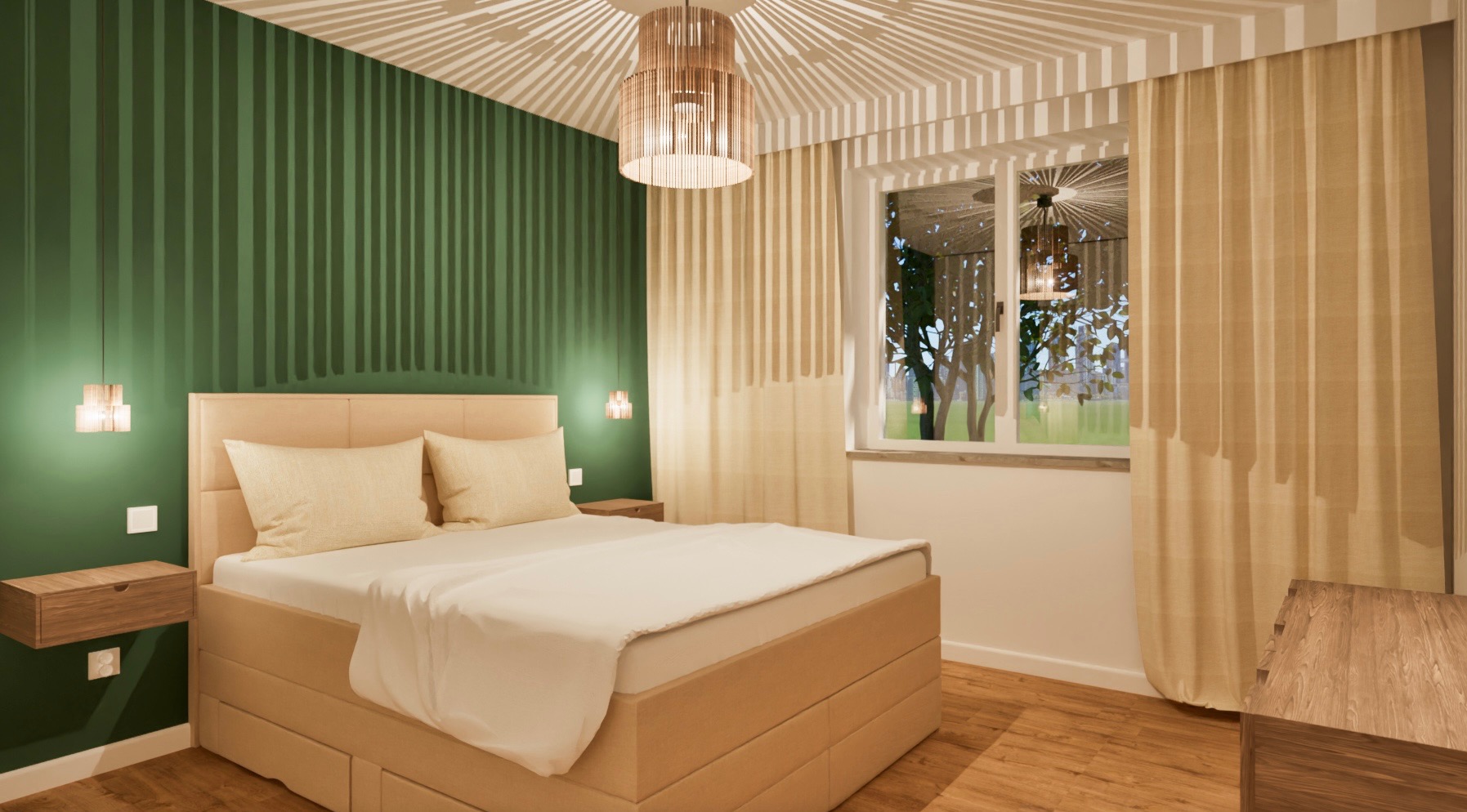 Sypialnia z łóżkiem kontynentalnym, zieloną ścianą w pionowe pasy i lampą z drewnianych listewek rzucającą cienie na sufit.