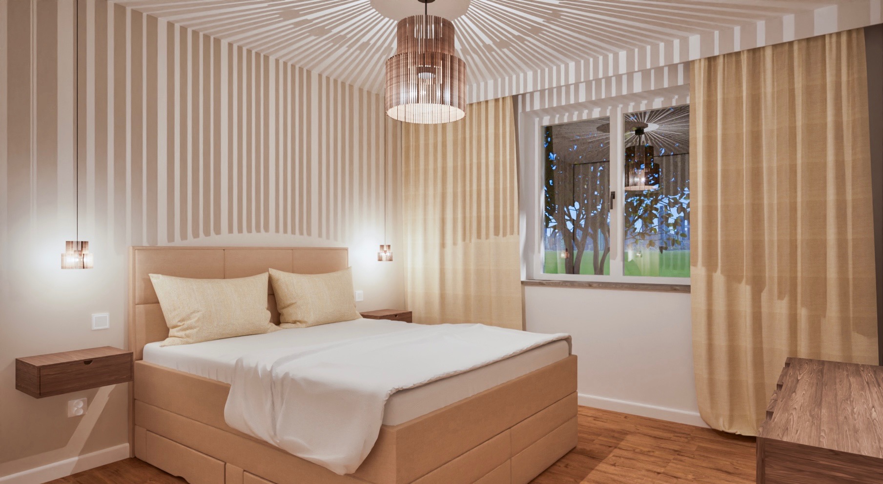 Beżowa sypialnia z łóżkiem kontynentalnym, lampkami nocnymi i drewnianą lampą wiszącą z efektem promieni na suficie.