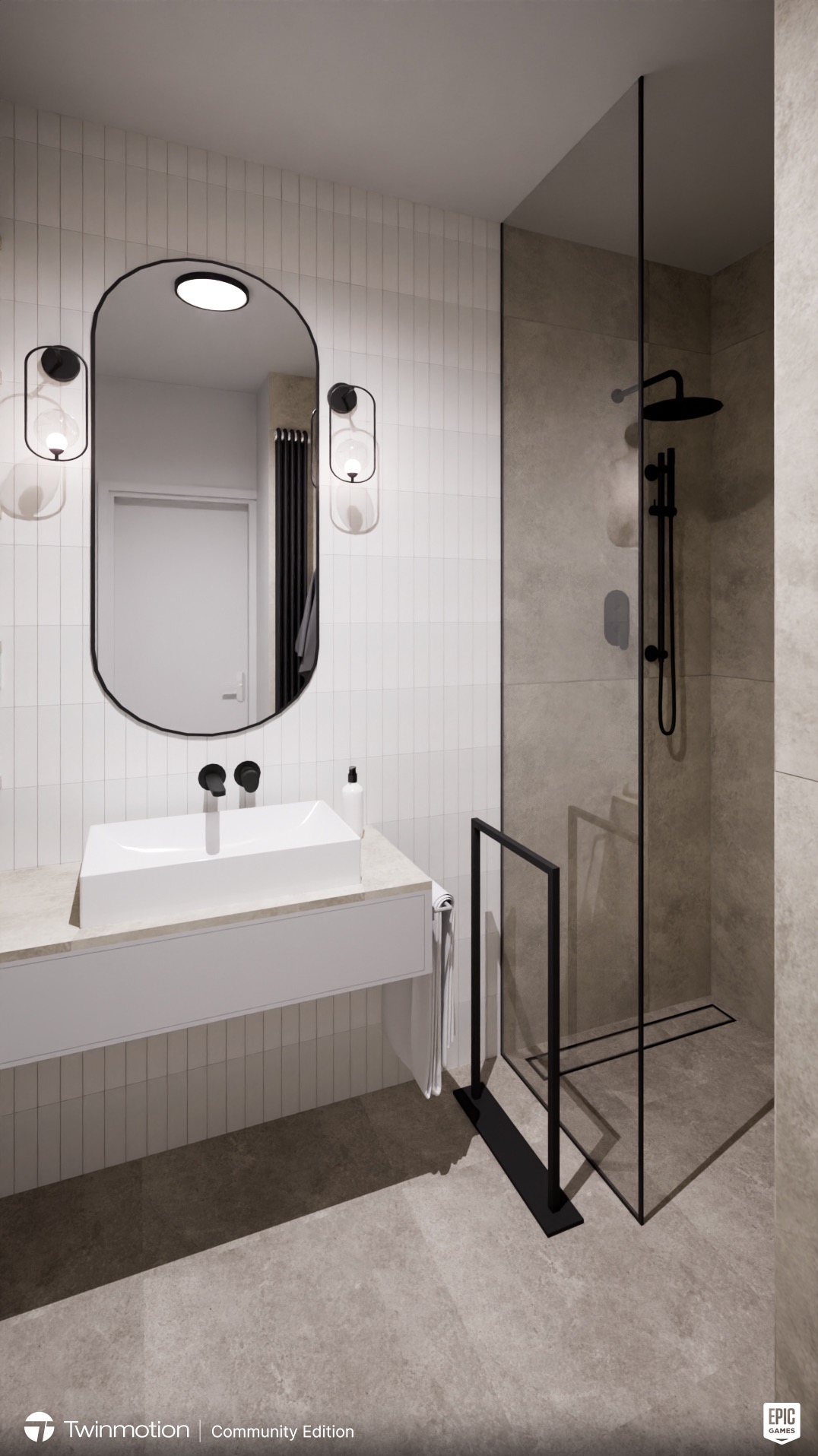 Nowoczesna łazienka z owalnym lustrem w czarnej ramie, białą umywalką nablatową, kabiną prysznicową typu walk-in z czarnymi elementami i grzejnikiem drabinkowym w tle.