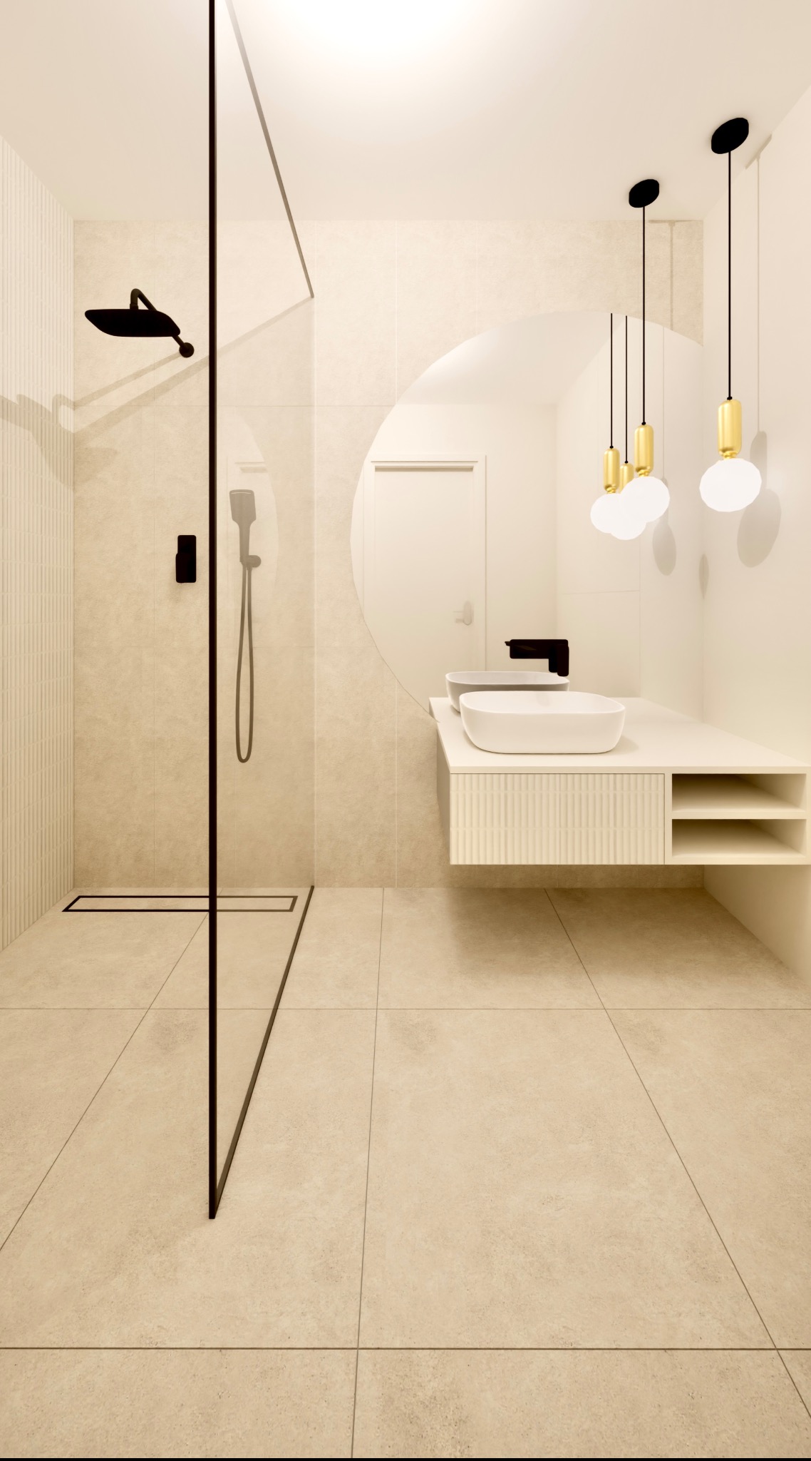 Nowoczesna łazienka w beżach z kabiną prysznicową typu walk-in z czarnymi detalami, umywalką nablatową i okrągłym lustrem podświetlonym wiszącymi lampami.