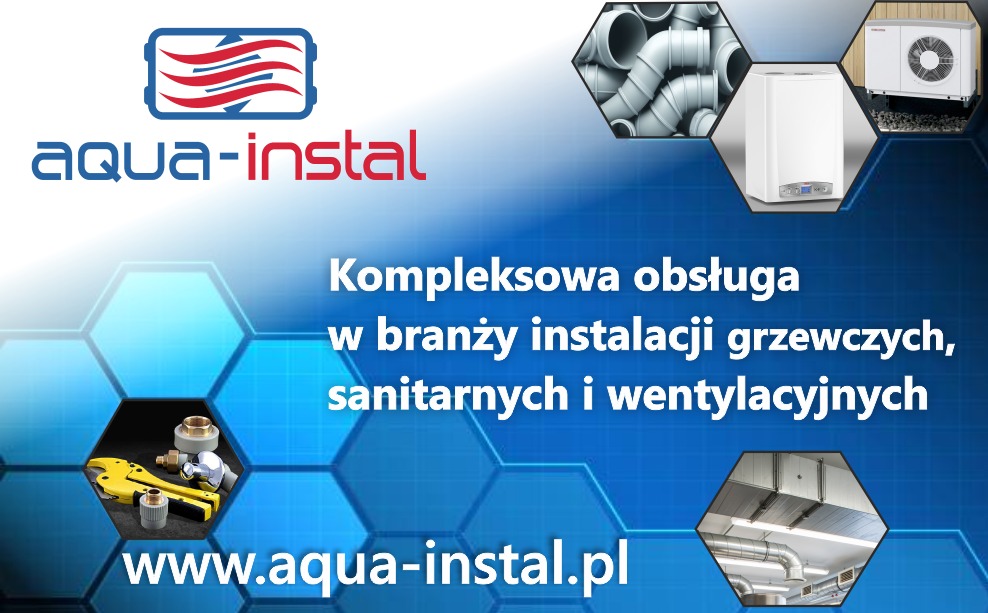 Grafika reklamowa firmy Aqua-Instal z ofertą kompleksowej obsługi instalacji grzewczych, sanitarnych i wentylacyjnych, prezentująca logo firmy, rury kanalizacyjne, kocioł gazowy, pompę ciepła...