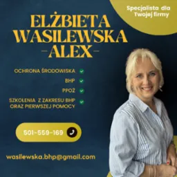 Grafika reklamowa: Elżbieta Wasilewska - ALEX, specjalista BHP, PPOŻ, ochrona środowiska, szkolenia z zakresu BHP i pierwszej pomocy. Kontakt: telefon, e-mail.
