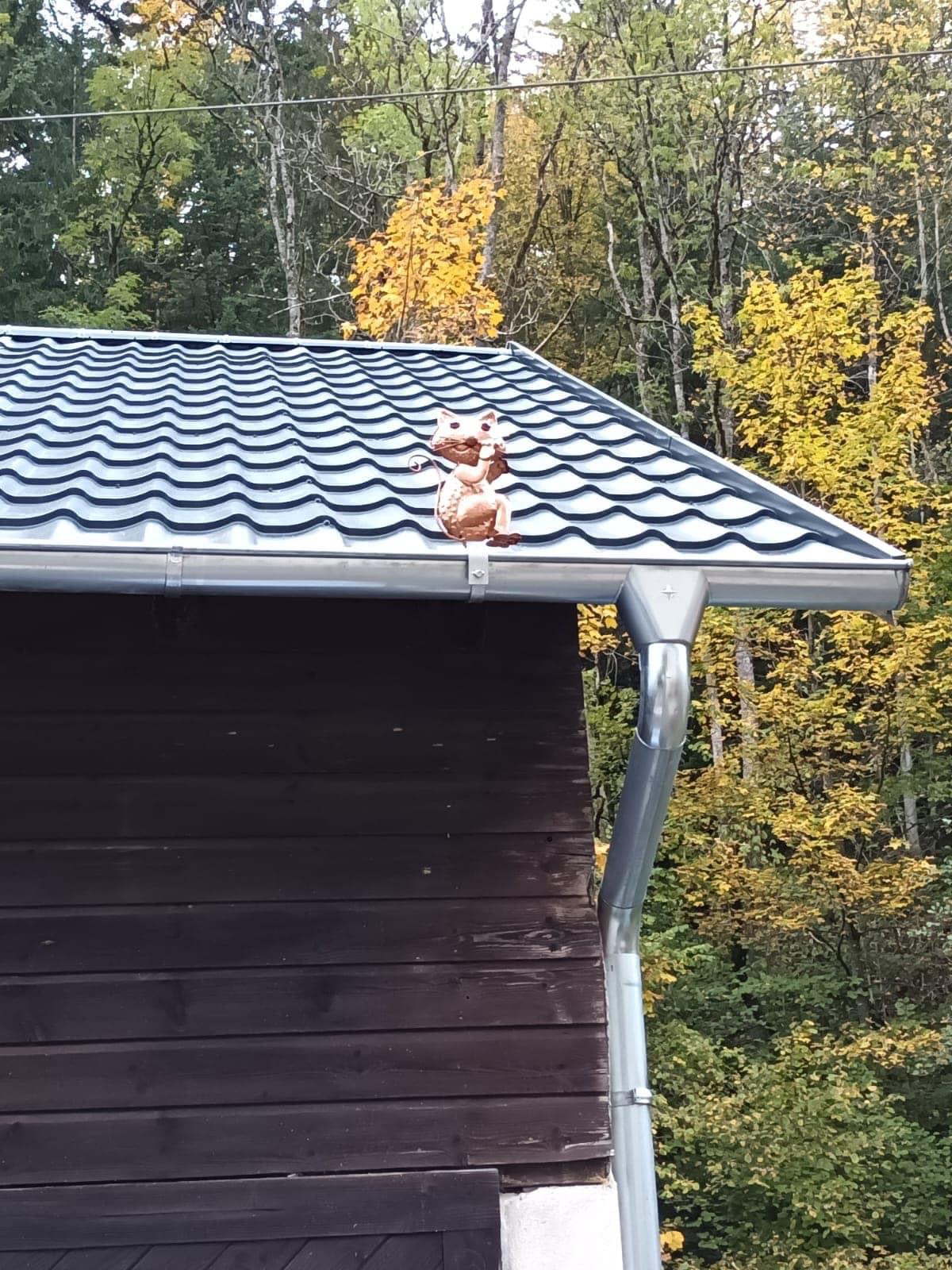 Nowy dach z blachodachówki w kolorze grafitowym, z zamontowaną rynną i ozdobną figurką w kształcie lisa na jej krawędzi, na tle jesiennego lasu.
