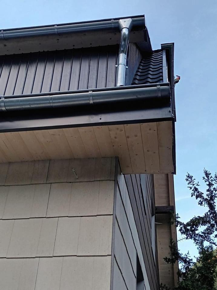 Fragment dachu z blachy trapezowej i rynną spustową, widoczne także drewniane podbitki i elewacja z szarego sidingu, ujęcie z dołu w pogodny dzień.