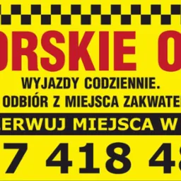 Ż&oacute;łto-czarny plakat reklamowy z napisem 'Morskie Oko', informujący o codziennych wyjazdach, dowozie i odbiorze z miejsca zakwaterowania oraz możliwości rezerwacji miejsc w busie, z podanym numerem...