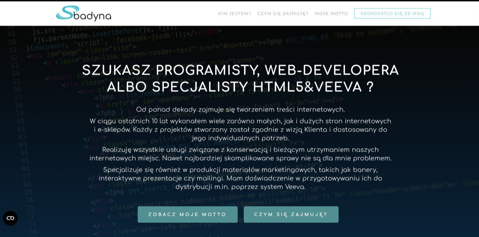 Strona internetowa firmy Sbadyna z nagłówkiem 'Szukasz programisty, web-developera albo specjalisty HTML5 & Veeva?', prezentująca ofertę tworzenia treści internetowych i konserwacji stron.