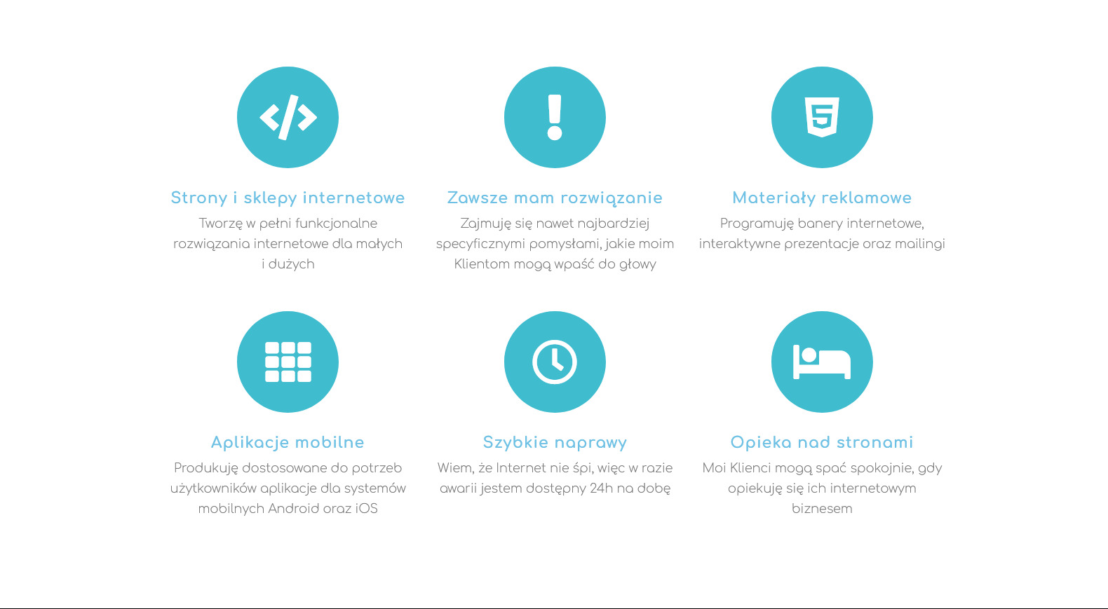 Graficzne przedstawienie usług IT: ikony w turkusowych kółkach prezentują tworzenie stron i sklepów internetowych, rozwiązywanie problemów, materiały reklamowe, aplikacje mobilne, szybkie naprawy...