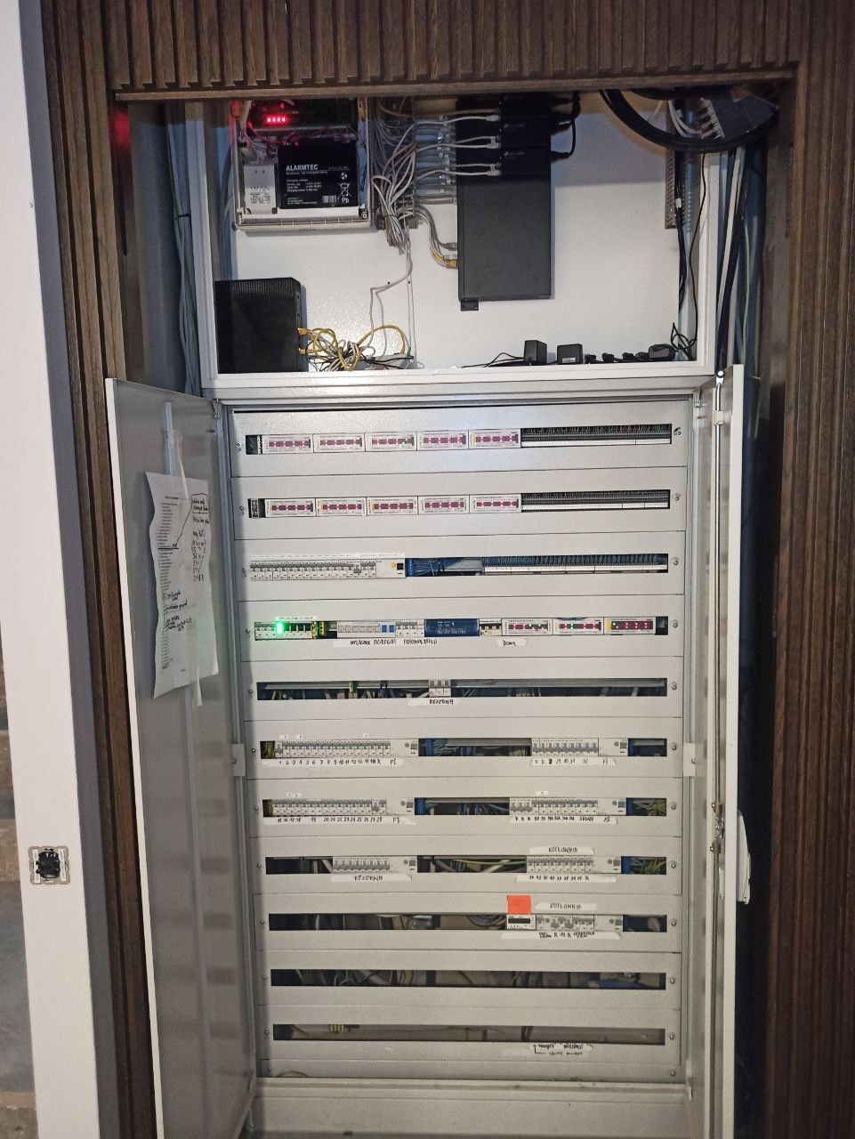Otwarta szafa rozdzielcza z licznymi modułami i kablami, widoczne zabezpieczenia, listwy zaciskowe i urządzenia sieciowe. Szafa wbudowana w drewnianą obudowę.