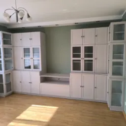 Jasna zabudowa meblowa z przeszklonymi witrynami i szafkami, dopasowana do wnętrza z drewnianą podłogą i zielonymi ścianami. Oświetlenie sufitowe.