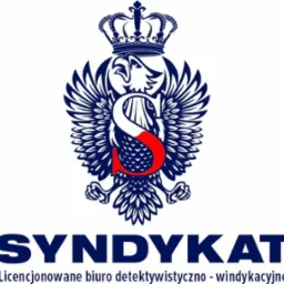Logo biura detektywistyczno-windykacyjnego 'Syndykat' z orłem w koronie i stylizowaną literą S w kolorach biało-czerwono-granatowych.