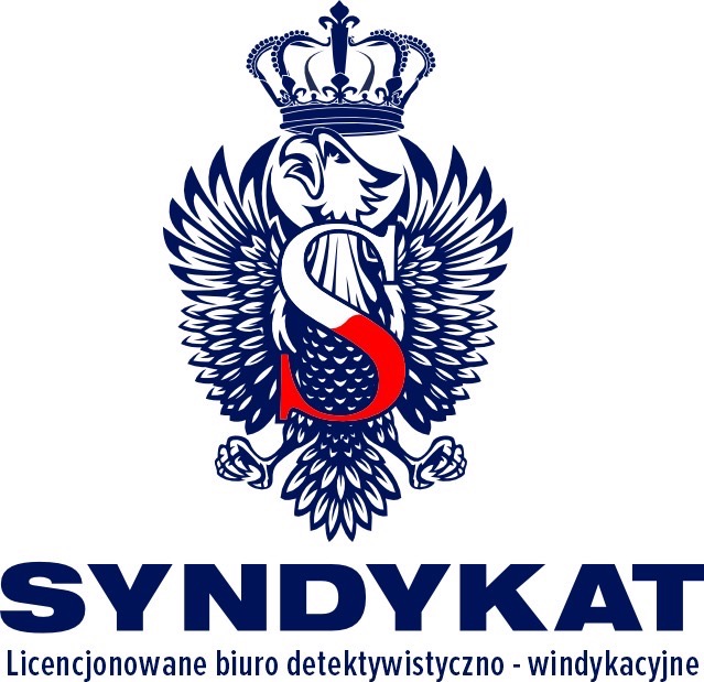 Logo biura detektywistyczno-windykacyjnego 'Syndykat' z orłem w koronie i stylizowaną literą S w kolorach biało-czerwono-granatowych.