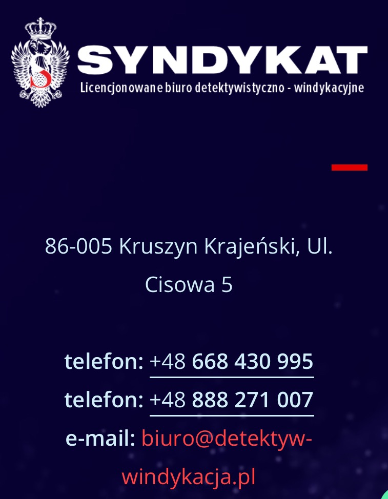 Logo firmy Syndykat - licencjonowane biuro detektywistyczno-windykacyjne z adresem, numerami telefonów i adresem e-mail na ciemnoniebieskim tle.