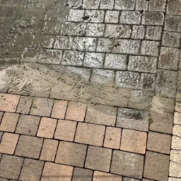 Częściowo umyta kostka brukowa z widocznymi śladami brudu i wody, ukazująca różnicę w wyglądzie przed i po czyszczeniu. W tle widoczne refleksy światła.