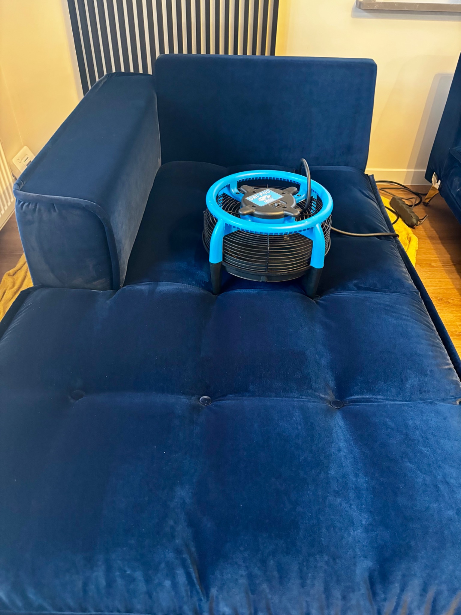 Niebieska sofa z wentylatorem DHI-POD. Suszenie po praniu tapicerki. Widoczne elementy wyposażenia wnętrza i kabel zasilający.