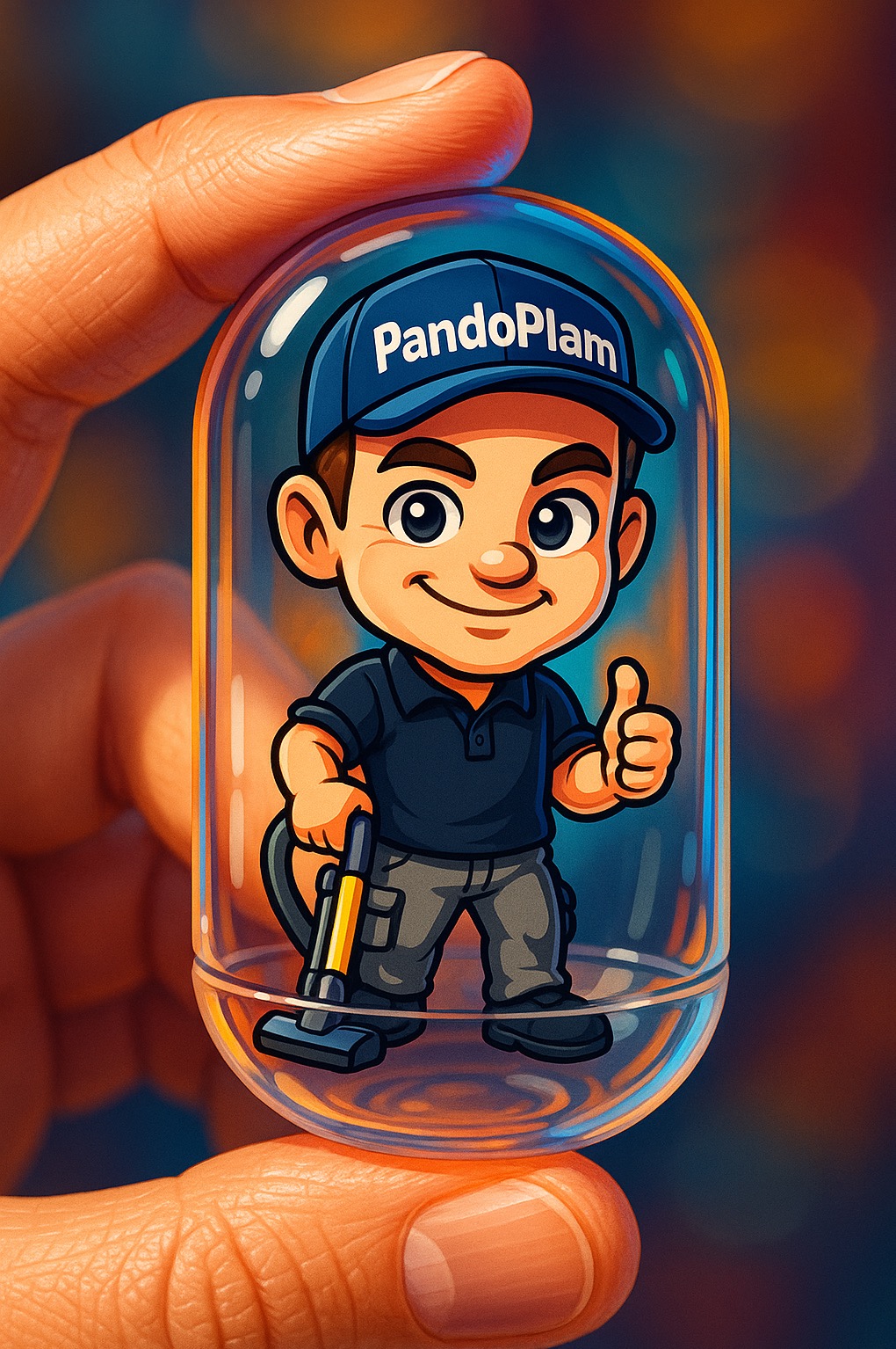 Kreskówkowy wizerunek sprzątacza z odkurzaczem, w przezroczystej kapsule trzymanej w palcach, z logo 'PandoPlan' na czapce.