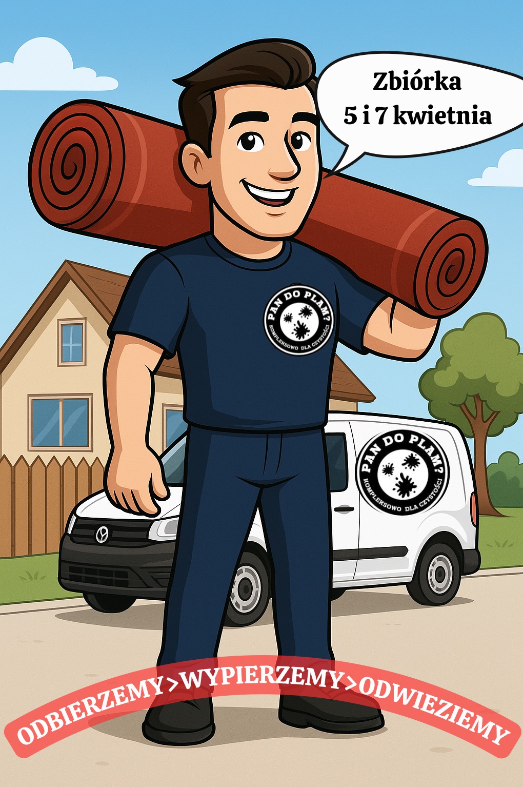 Ilustracja: Mężczyzna z dywanem na ramieniu, firmowy van w tle. Napis: Zbiórka 5 i 7 kwietnia. Usługa: Odbierzemy, wypierzemy, odwieziemy.