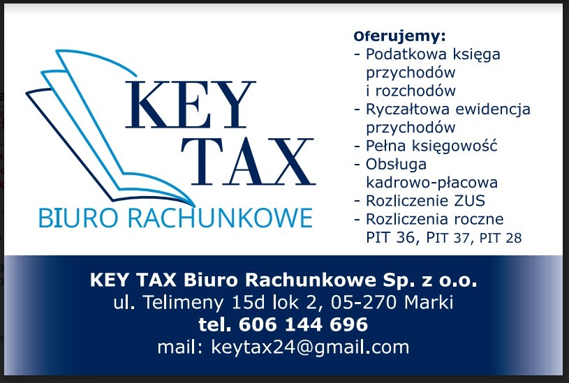 Wizytówka biura rachunkowego Key Tax z logo, adresem, numerem telefonu i listą oferowanych usług, w tym rozliczenia roczne PIT.