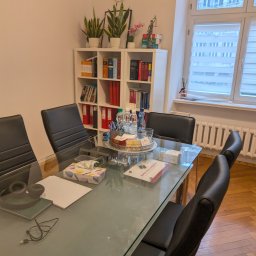 Kancelaria Radcy Prawnego Albert Białczyk - Sala konferencyjna kancelarii prawnej z szklanym stołem, czarnymi krzesłami i regałem z książkami. Statuetka Temidy i rośliny doniczkowe na półkach.