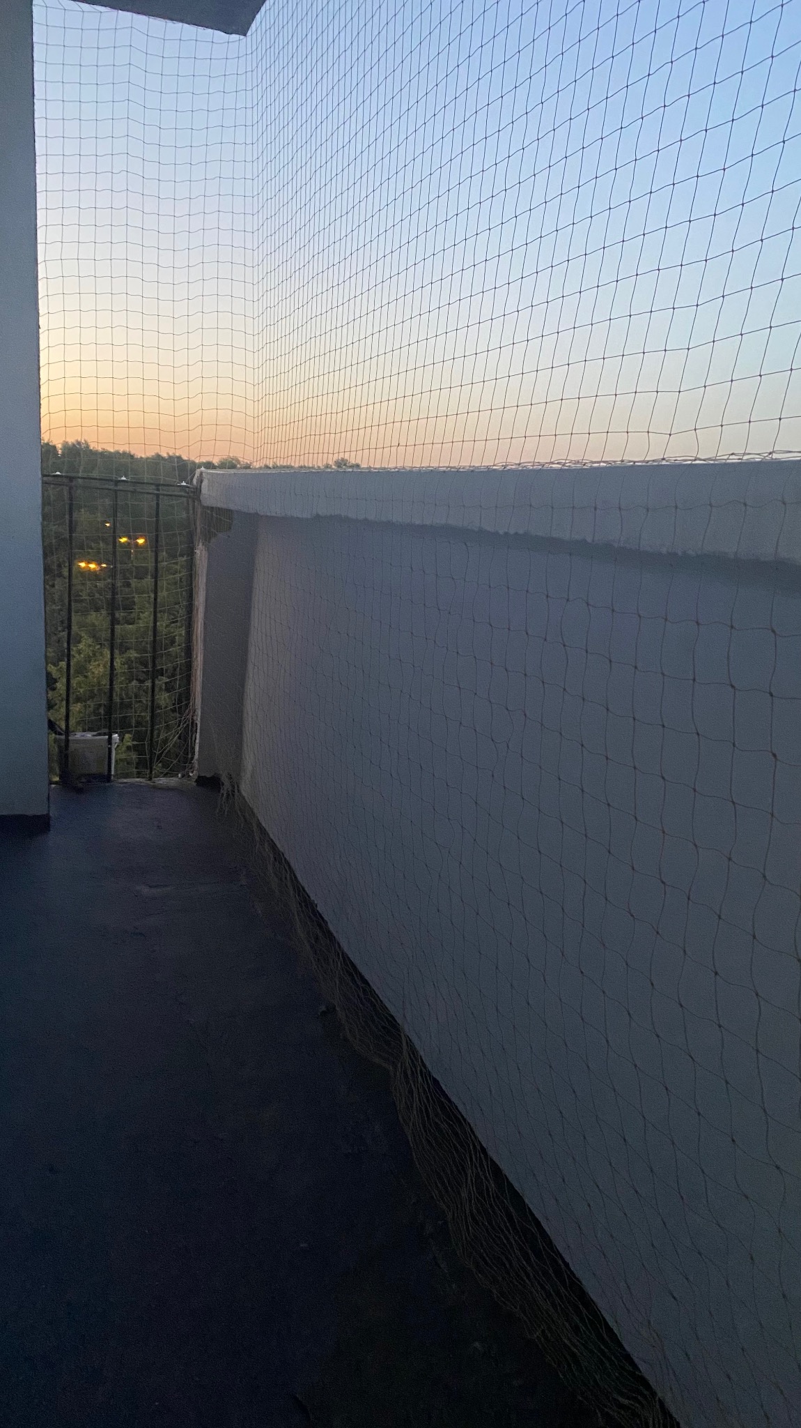 Zabezpieczony balkon siatką ochronną, widok na zieleń i zachodzące słońce. Siatka zamontowana na białej ścianie balkonu, zapewniająca bezpieczeństwo i estetyczny wygląd.