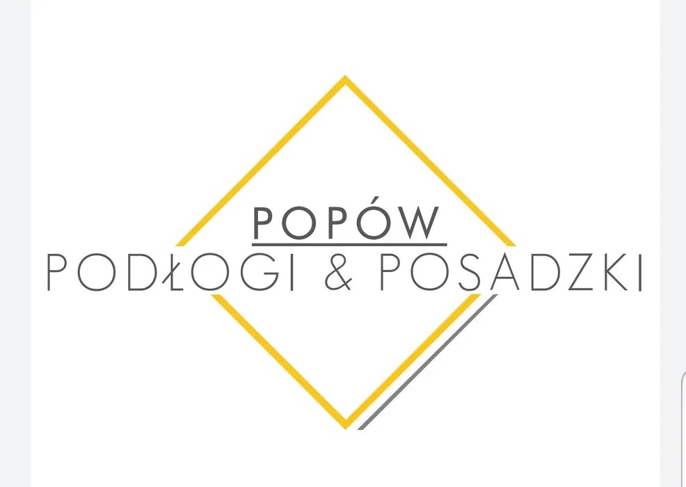Logo firmy Popów Podłogi & Posadzki z nazwą umieszczoną w żółtym rombie i szarym akcencie.