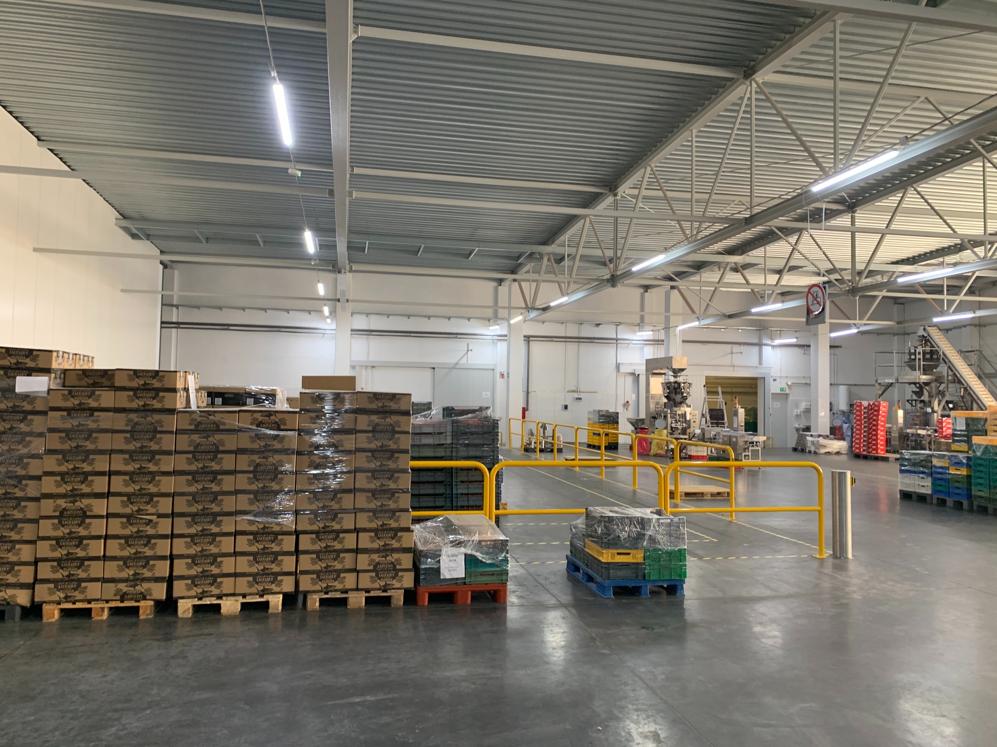 Wnętrze hali magazynowej z ułożonymi paletami kartonów z napisem LUXURY FUDGE, widoczne także regały i maszyny pakujące, oświetlenie jarzeniowe na suficie.