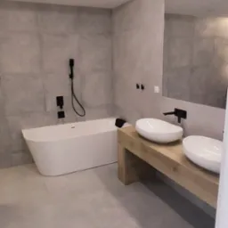 Nowoczesna łazienka z szarymi płytkami, wolnostojącą białą wanną, drewnianą szafką pod umywalki nablatowe i czarną armaturą.