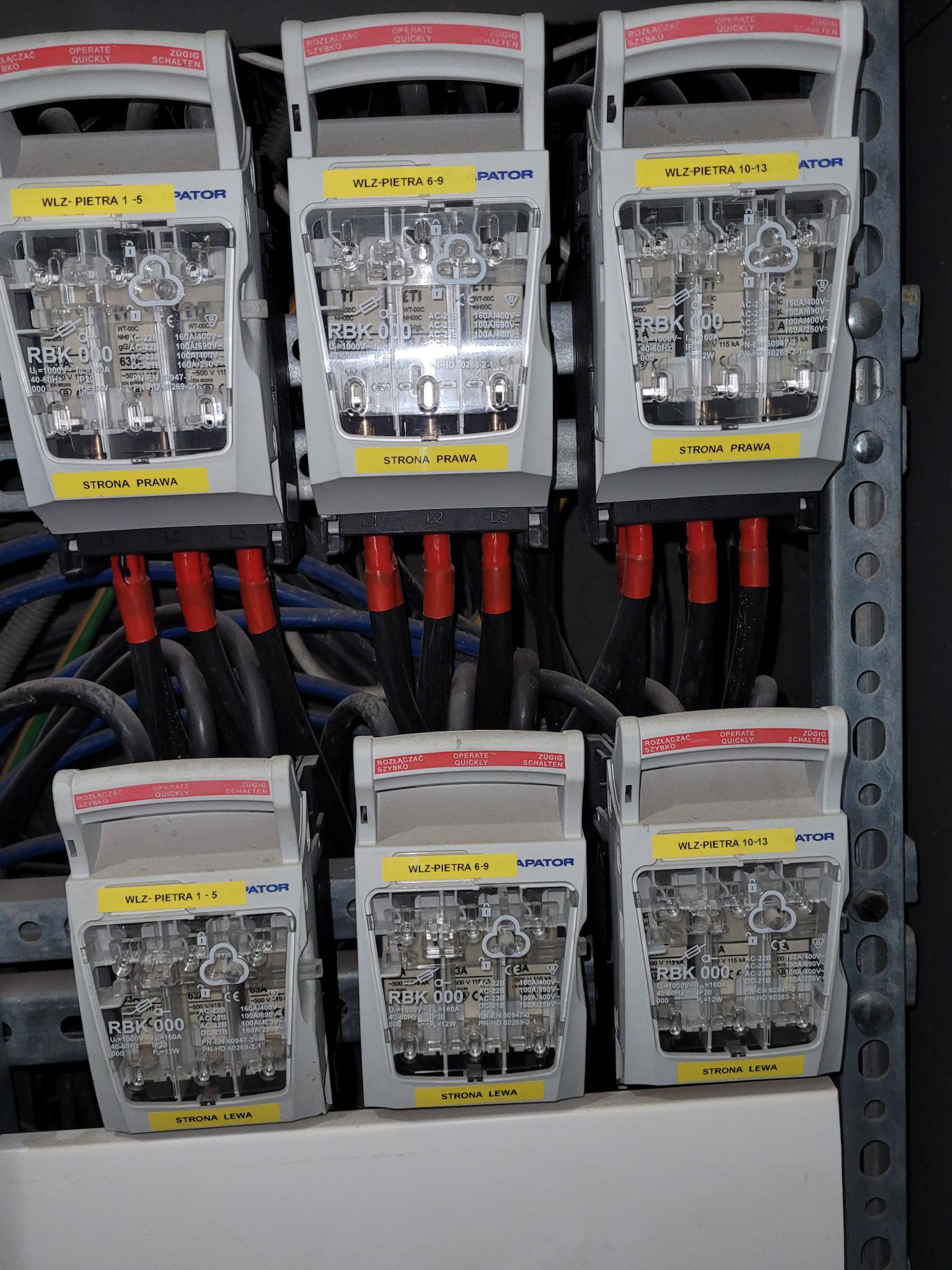 Rozdzielnica elektryczna z bezpiecznikami RBK 000 firmy Apator, widoczne kable z czerwonymi końcówkami, etykiety 'WLZ-PIETRA' i oznaczenia 'Strona Prawa/Lewa'.