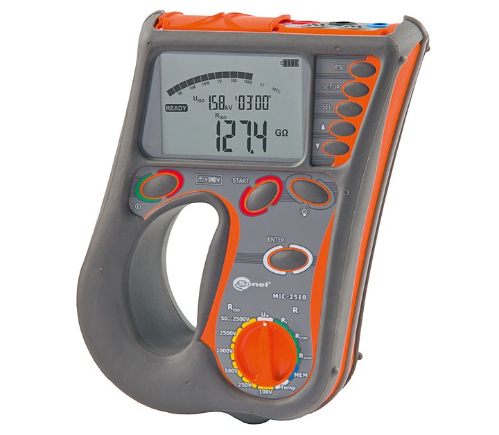 Profesjonalny miernik rezystancji izolacji Sonel MIC-2510 z wyświetlaczem LCD pokazującym wartość 127.4 GΩ, ustawiony na pomiar napięciem do 2500V, z widocznym pokrętłem wyboru zakresu...