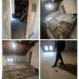 KAR-BUD Kacper Dłubacz - Cztery ujęcia poddasza w trakcie remontu: widoczne odsłonięte drewniane belki stropowe, stare deski podłogowe, nowe płyty OSB, okno dachowe i fragment osoby w czarnym ubraniu.