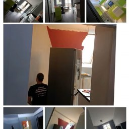 KAR-BUD Kacper Dłubacz - Mozaika zdjęć z wnętrz w trakcie remontu: częściowo pomalowana ściana na czerwono, widoczny mężczyzna w koszulce firmowej, różne ujęcia pomieszczeń z elementami wyposażenia.