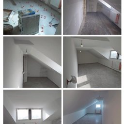 KAR-BUD Kacper Dłubacz - Sześć kadrów z remontu poddasza: przygotowanie do układania płytek, montaż płyt gipsowo-kartonowych na skosach, szpachlowanie i malowanie ścian na biało, widoczne okna dachowe i grzejniki.