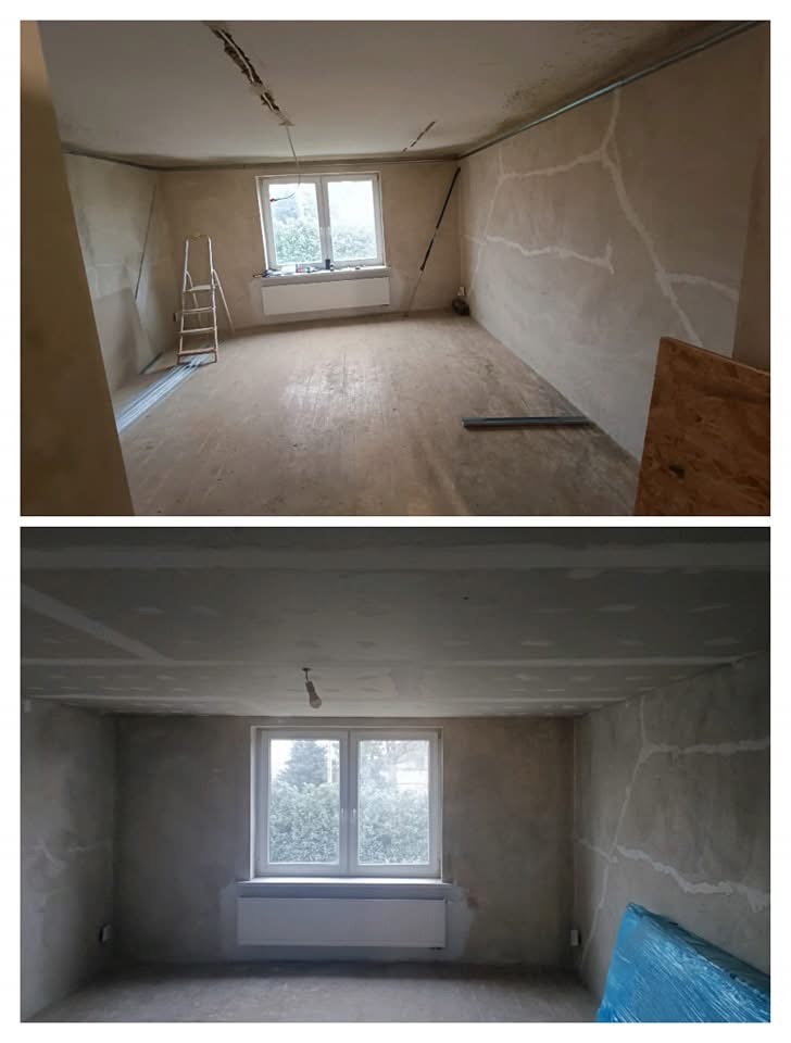 Dwa ujęcia tego samego pokoju w trakcie przygotowań do prac wykończeniowych: widoczne szpachlowane ściany z pęknięciami, surowy parkiet, drabina aluminiowa, grzejnik pod oknem i częściowo...