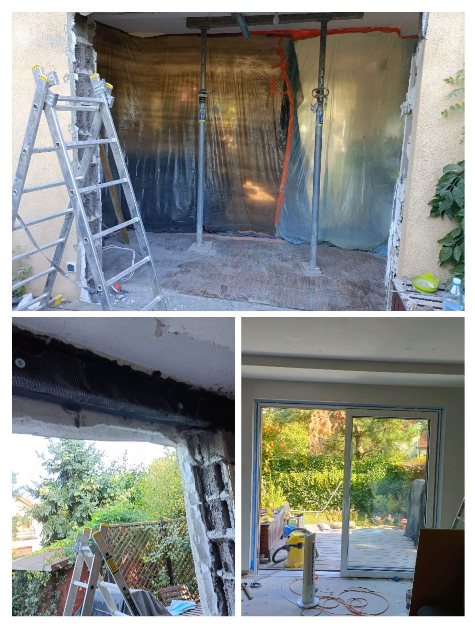 Demontaż ściany w Piławie Górnej, widoczne stemple podtrzymujące strop, folia zabezpieczająca oraz drabina; w tle widok na ogród po montażu okna tarasowego.