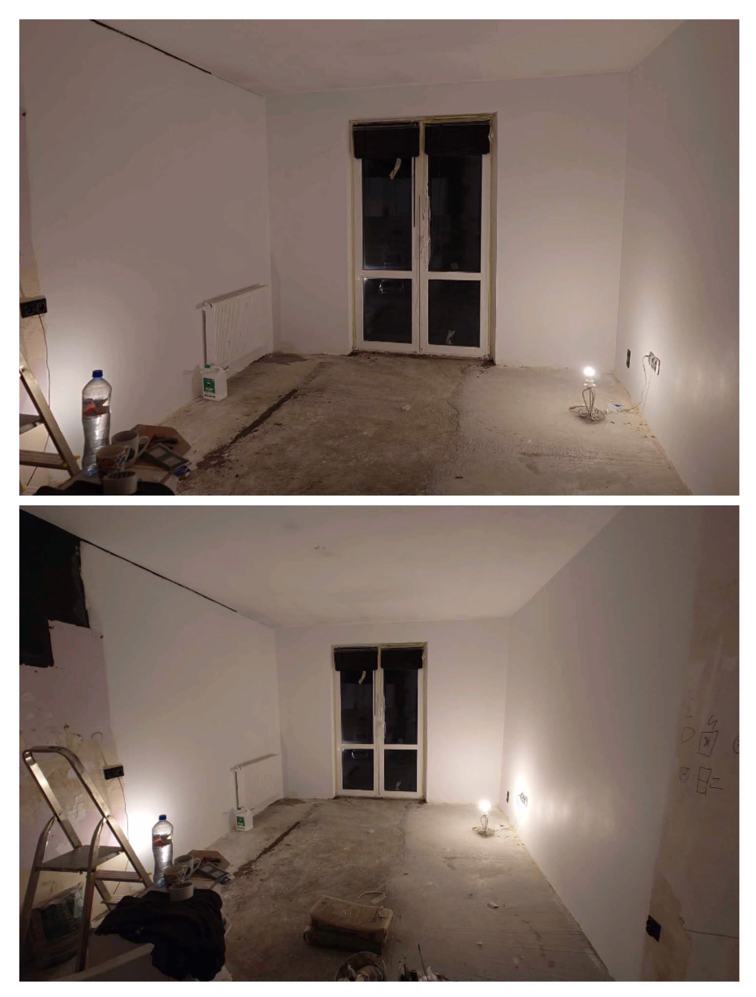 Dwa ujęcia tego samego pokoju w trakcie prac przygotowawczych: świeżo pomalowane ściany na biało, zabezpieczone okno, surowa podłoga, widoczne ślady po pracach, drabina, butelka wody i lampka...