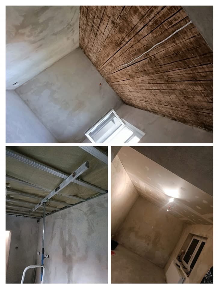 Trzy kadry z wnętrza w trakcie prac wykończeniowych: surowy strop z drewnianych belek, montaż metalowej konstrukcji pod sufitem, wygładzona ściana poddasza z oknem.