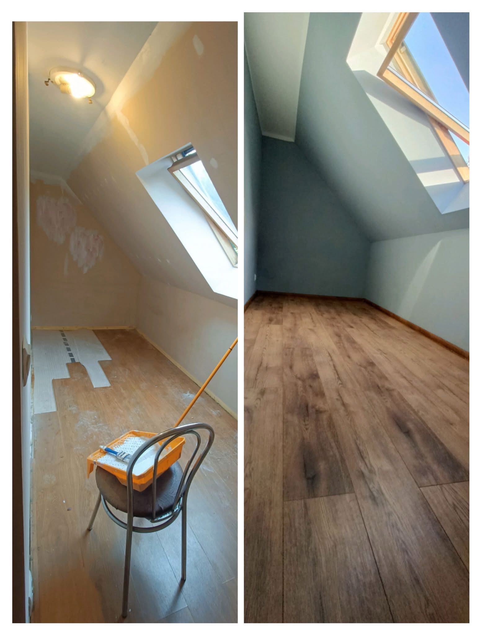 Poddasze z oknem dachowym w trakcie metamorfozy: po lewej surowe ściany z widocznymi łatami gipsowymi i fragmentami położonej podłogi, po prawej pomalowane na szaro ściany i cała podłoga wyłożona...