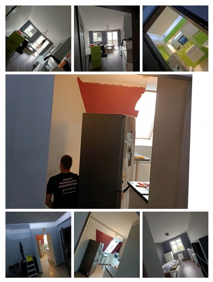 Mozaika zdjęć z wnętrz w trakcie remontu: częściowo pomalowana ściana na czerwono, widoczny mężczyzna w koszulce firmowej, różne ujęcia pomieszczeń z elementami wyposażenia.