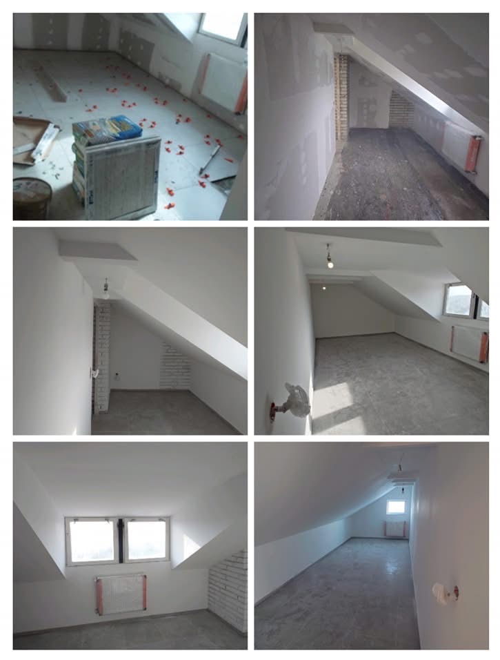 Sześć kadrów z remontu poddasza: przygotowanie do układania płytek, montaż płyt gipsowo-kartonowych na skosach, szpachlowanie i malowanie ścian na biało, widoczne okna dachowe i grzejniki.