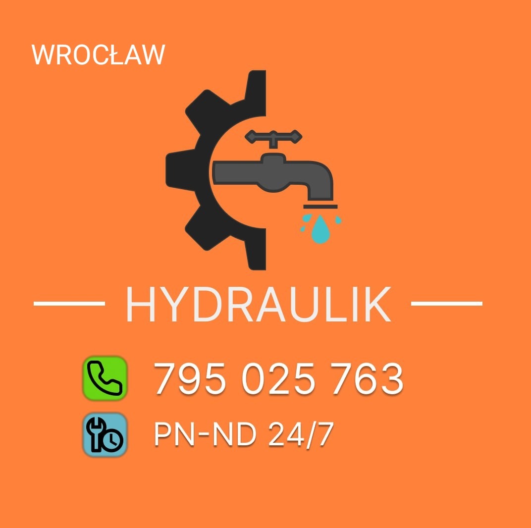 Pomarańczowe logo hydraulika z symbolem kranu, kroplami wody, kołem zębatym i numerem telefonu we Wrocławiu.